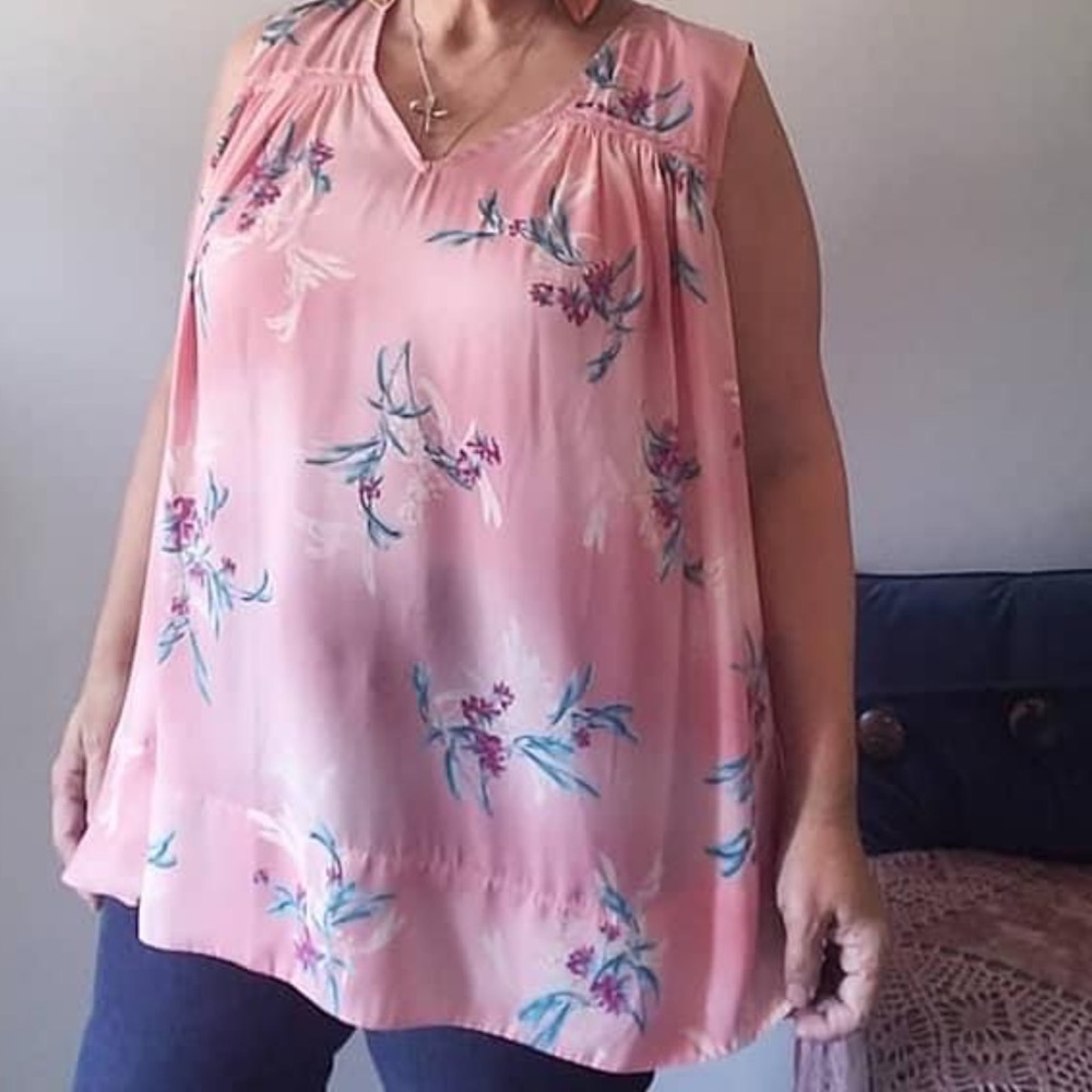 Lane Bryant Top Pink Aqua Floral Swing Tank Shell Size 16 EUC Barbie Core - Picture 4 of 7